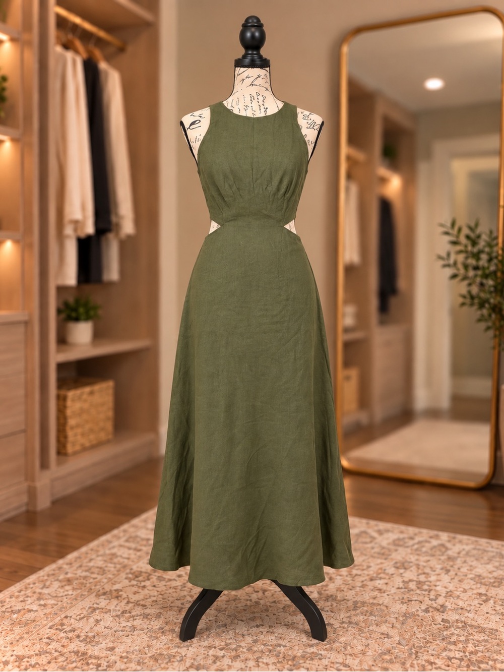 ANIIC Olive Green Linen Blend Open Back Tie Waist Maxi Dress – Size 8